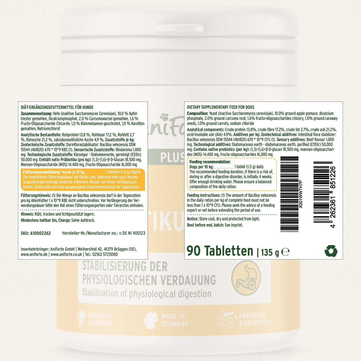Inhaltsangabe AniForte® plus Probiotikum Tabs für Hunde, 90 Tabletten, Diätergänzungsfuttermittel zur Unterstützung der Darmgesundheit und des Immunsystems.