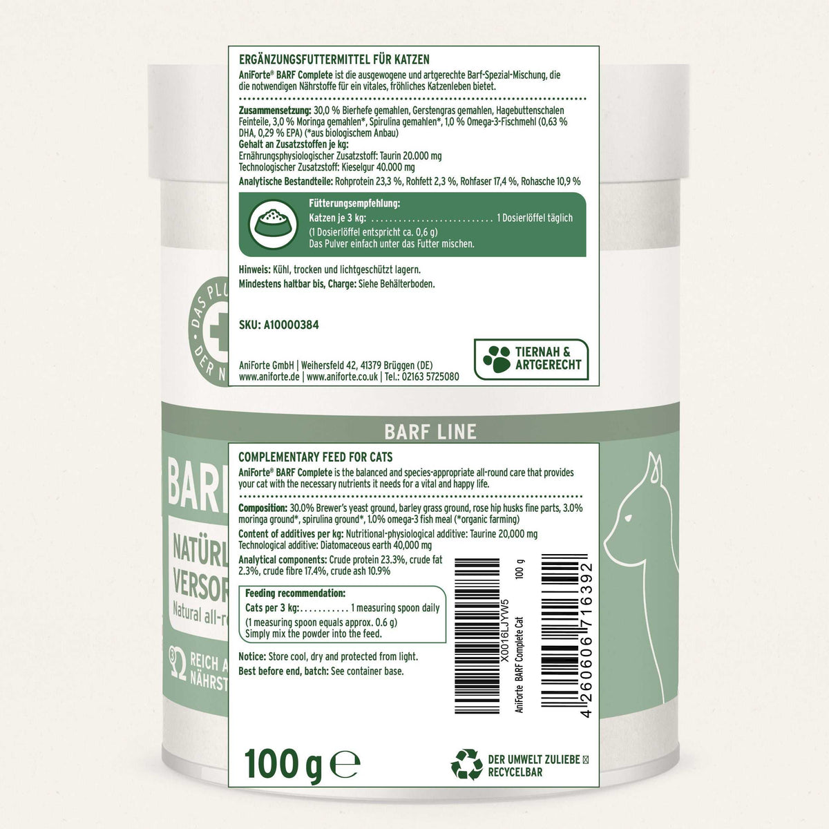 Etiketten BARF Complete Cat Ergänzungsfutter für Katzen, 100g Dose mit Nährwertangaben, geeignet als BARF-Zusatz.