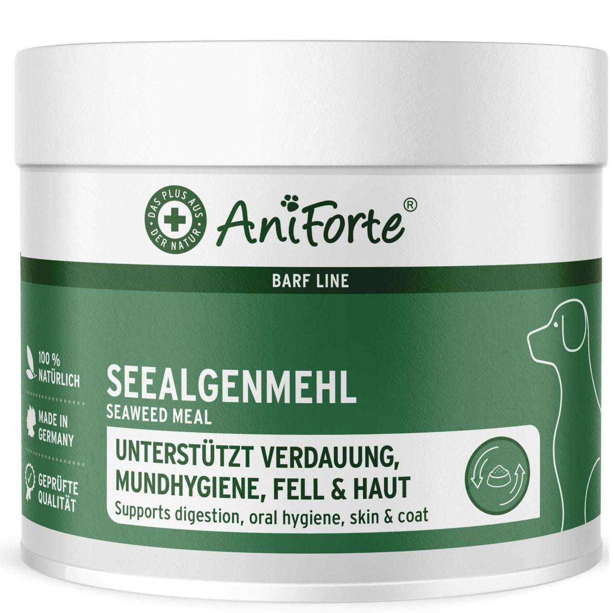 BARF-Line Seealgenmehl von AniForte für Hunde, unterstützt Verdauung, Mundhygiene, Fell und Haut.