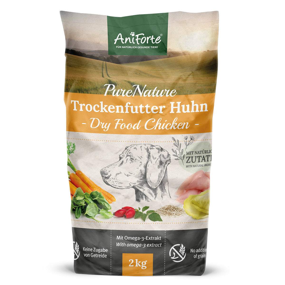 Trockenfutter Huhn von AniForte mit Reis und Karotten, glutenfrei, für Hunde aller Rassen.