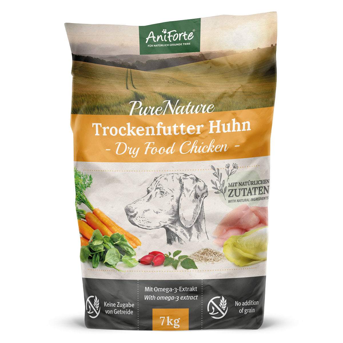 Dry dog food bag featuring chicken, rice, and carrots with natural ingredients, gluten-free, AniForte PureNature.