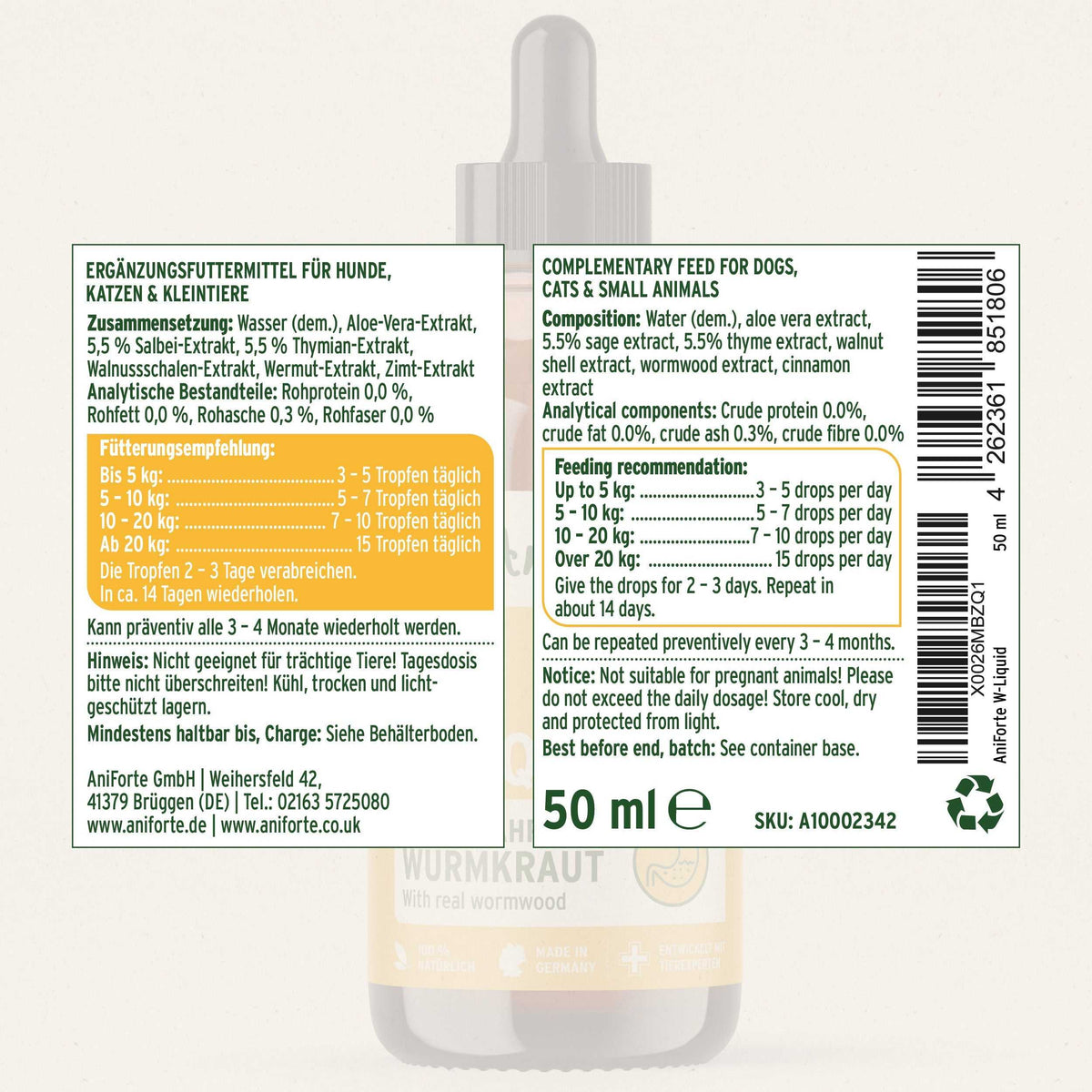 Natürliche Unterstützung für die natürliche Magendarmfunktion von Hunden und Katzen, AniForte® W-Liquid mit Aloe Vera und Kräuterextrakten, 50 ml Flasche.