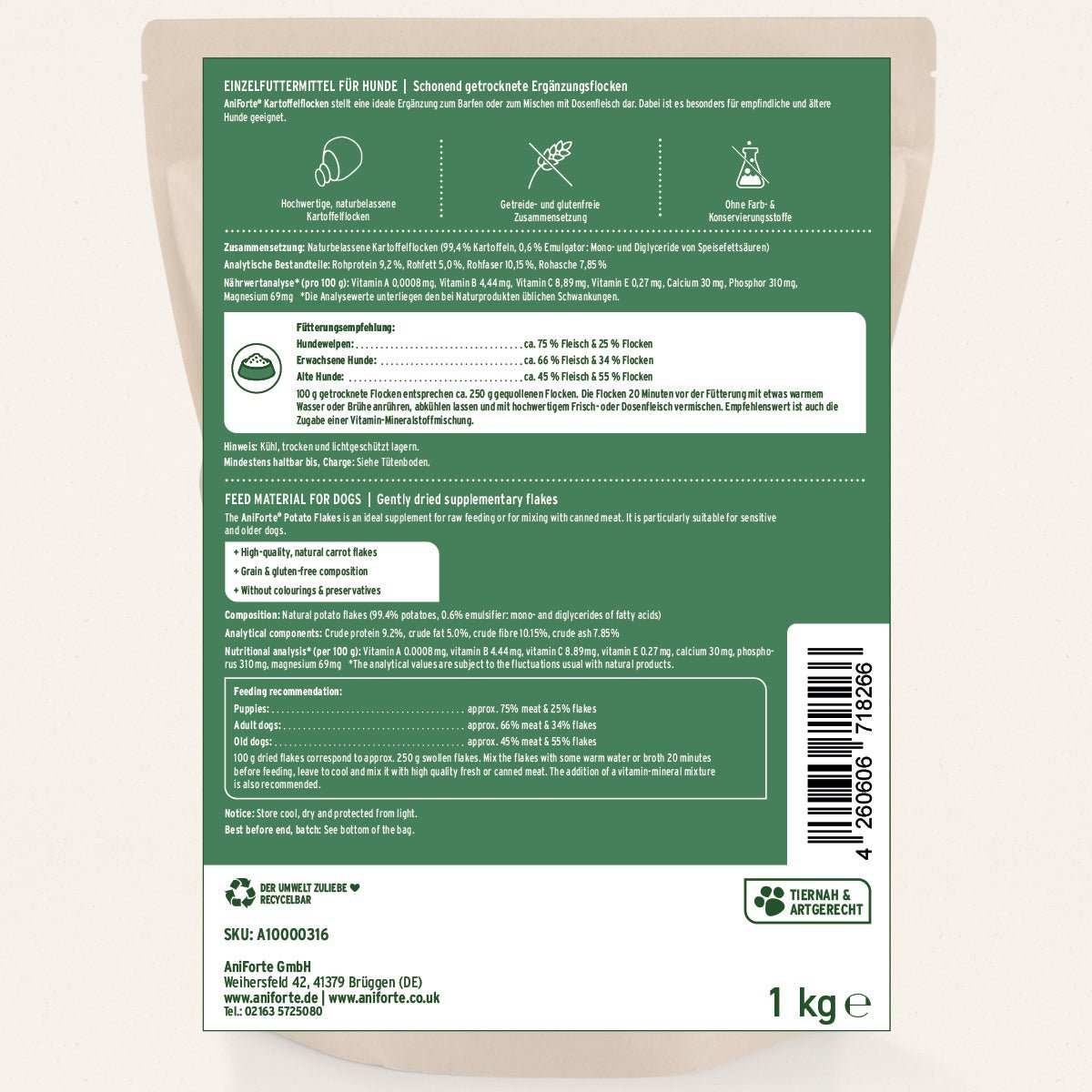 Hintere Verpackung von BARF-Line Kartoffelflocken für Hunde, 1 kg, natürliche Inhaltsstoffe, getreidefrei.
