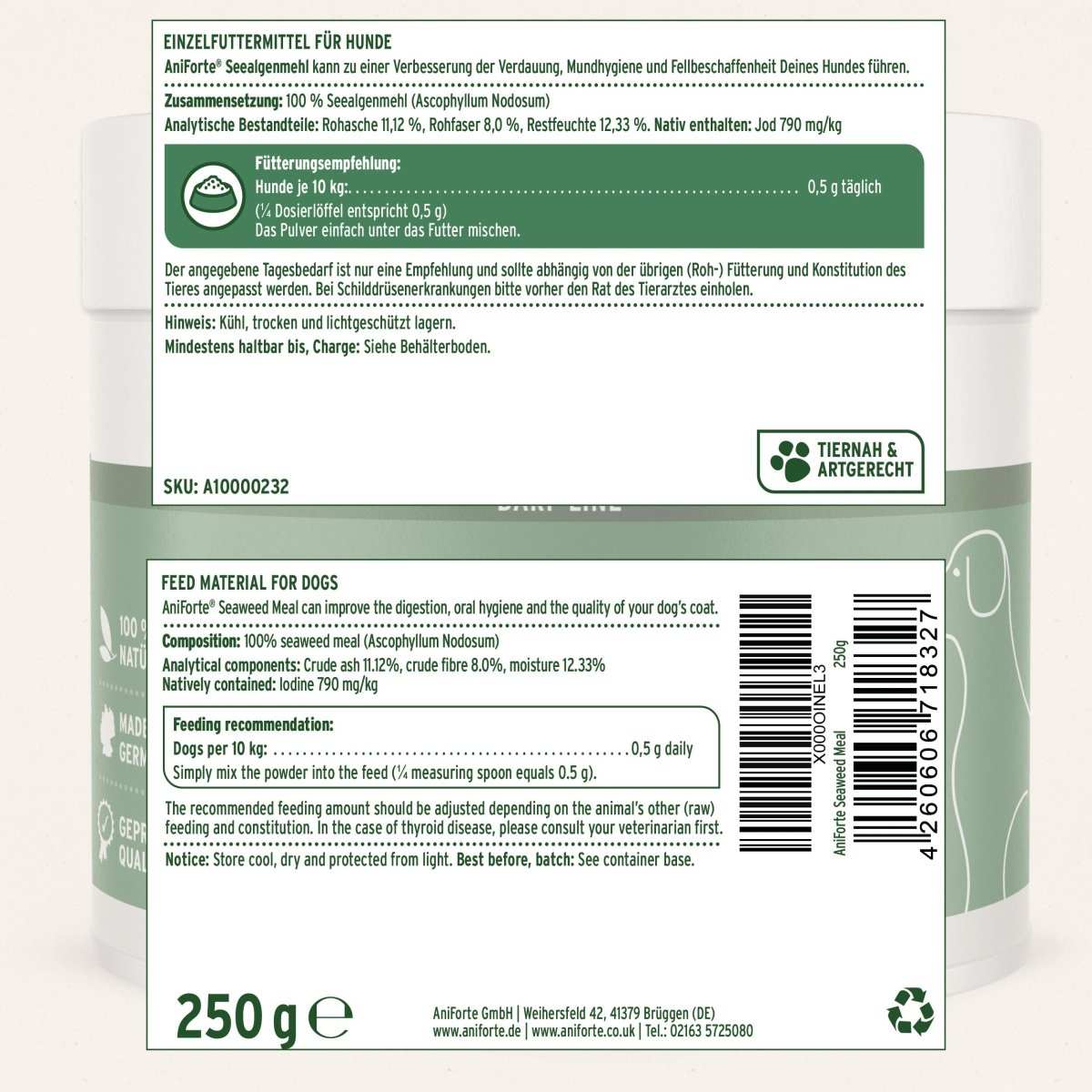 BARF-Line Seealgenmehl für Hunde, 250 g, fördert Haut, Fell, Mundhygiene und Verdauung, BARF-Zusatz.