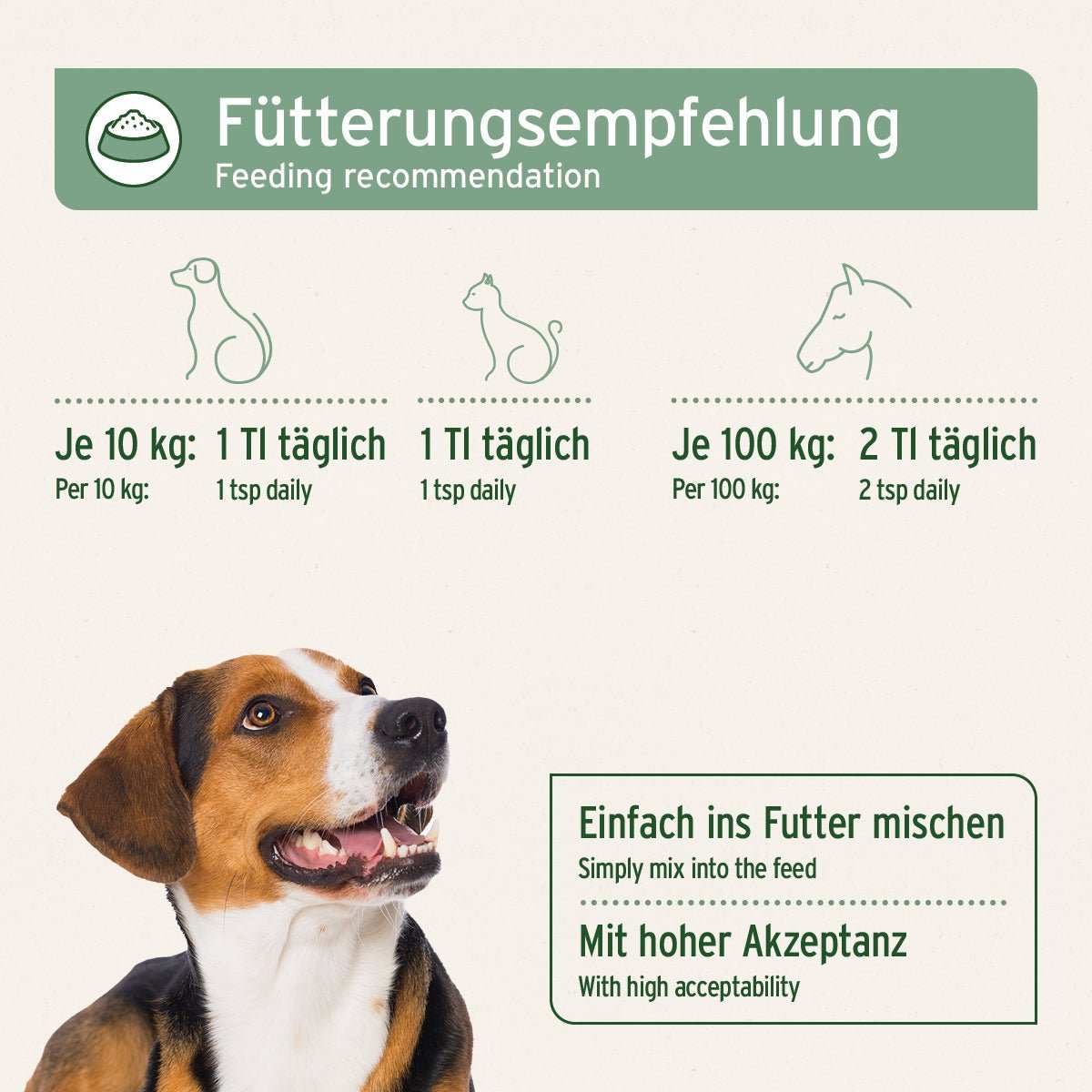Fütterungsempfehlung für Bio Hanföl von AniForte mit Bild eines Hundes,