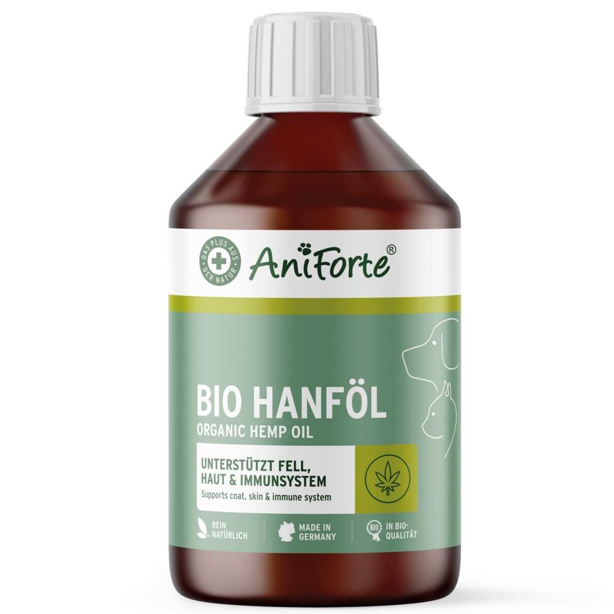 Bio Hanföl für Tiere, hochwertiges, kaltgepresstes Pflanzenöl zur Unterstützung von Haut, Fell und Immunsystem.