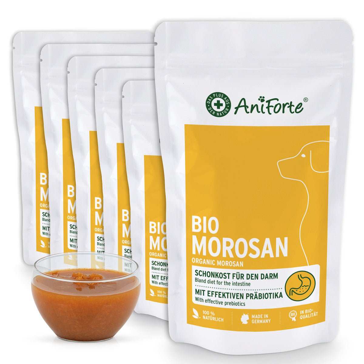 Bio Morosan Schonkost für Hunde, mit präbiotischem Möhrensuppe-Mix, unterstützt Verdauungsgesundheit.