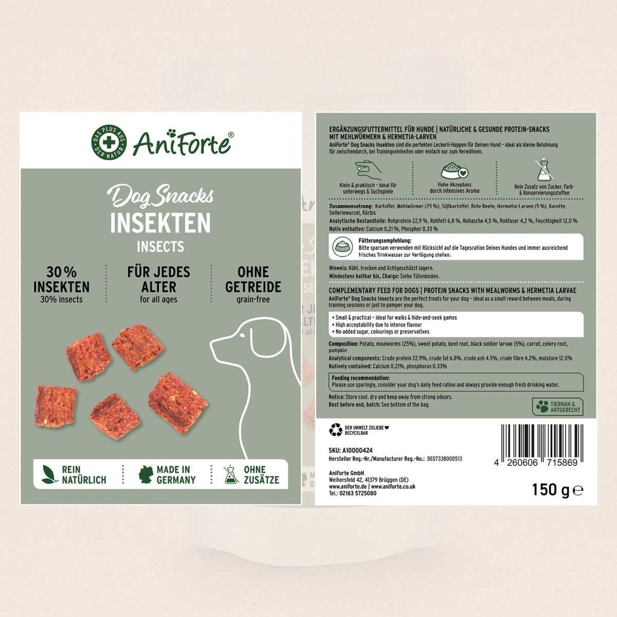 AniForte Dog Snacks Insekten, natürliche proteinreiche Hundesnacks mit Mehlwürmern und Hermetia-Larven, ideal für Hunde mit Fleischallergien, getreidefrei, 150g.
