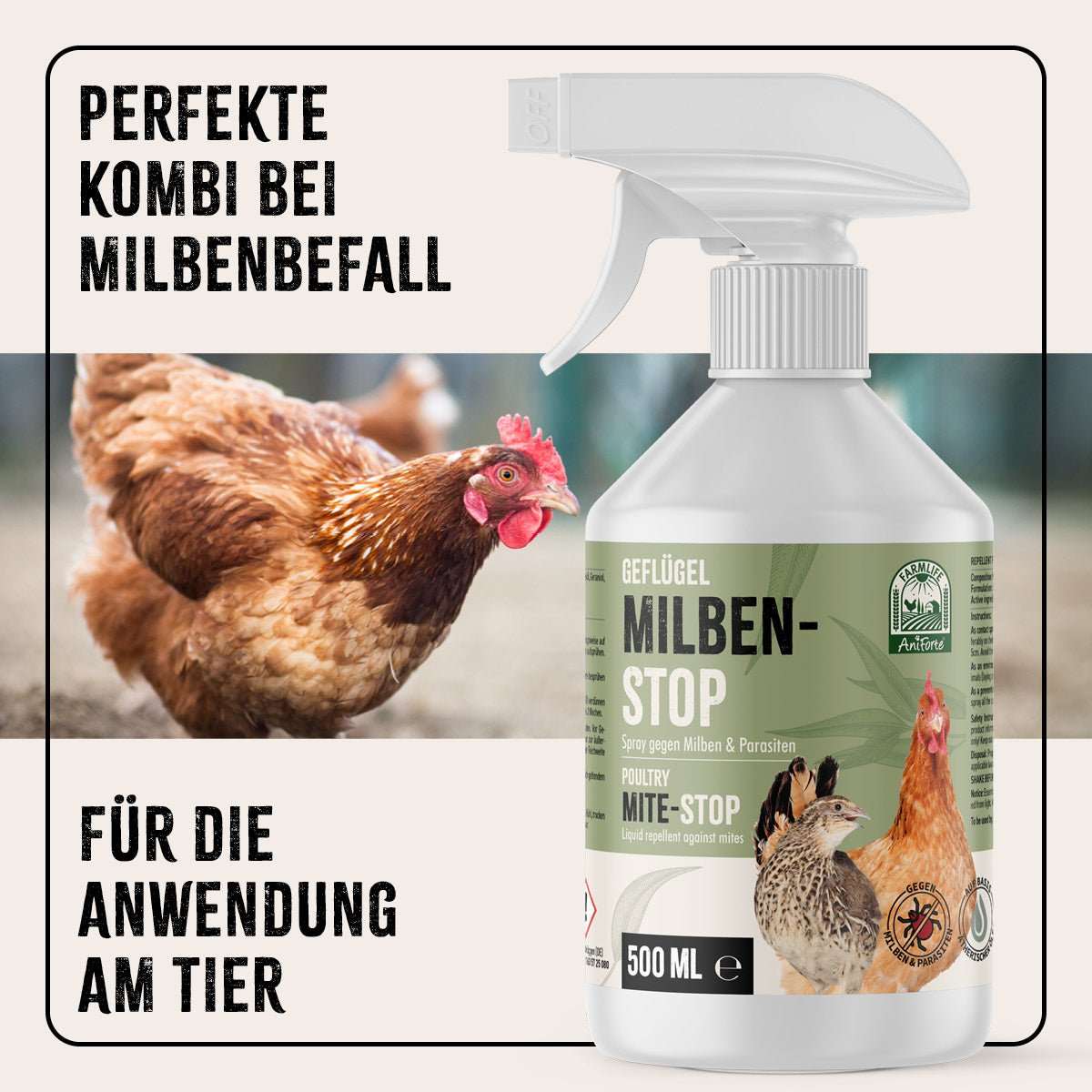 Flasche FarmLife Kieselgur Pulver und Huhn.