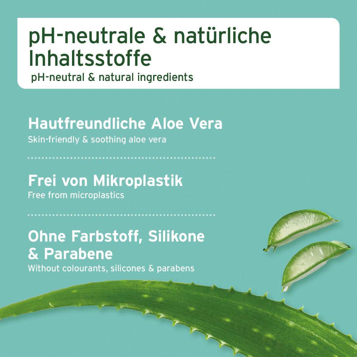 Informationsgrafik pH-neutrale und natürliche Inhaltsstoffe des Fellharmonie Conditioners Sensitiv mit Aloe Vera; frei von Mikroplastik, Farbstoffen, Silikonen und Parabenen.