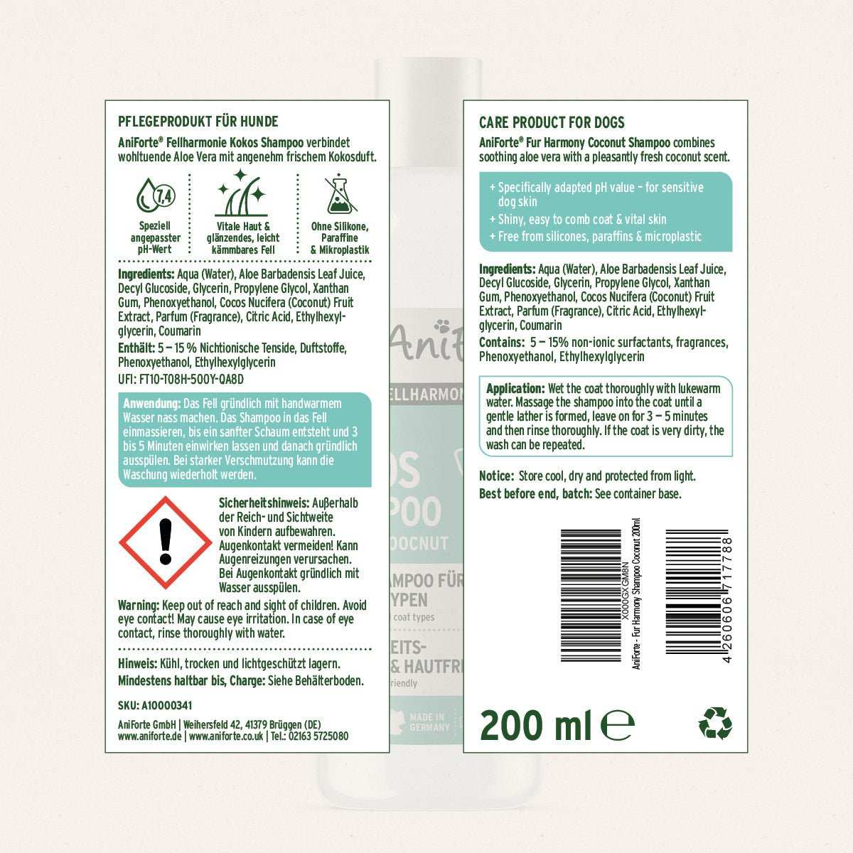 Etikett Fellharmonie Shampoo Kokos für Hunde mit Kokosöl-Extrakt und Aloe Vera, sanfte Pflege, glänzendes Fell, 200 ml.