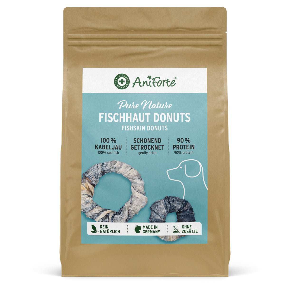 Eco-friendly Fischhaut Donuts for dogs - made from 100% dried cod skin, promoting dental health and chewing satisfaction.