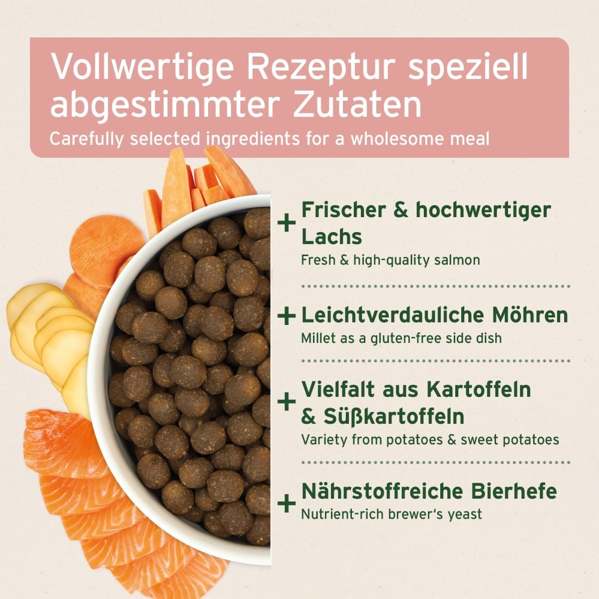 Trockenfutter FjordSalmon mit frischem Lachs, Möhren und Kartoffeln für Hunde, halbfeucht und leicht verdaulich