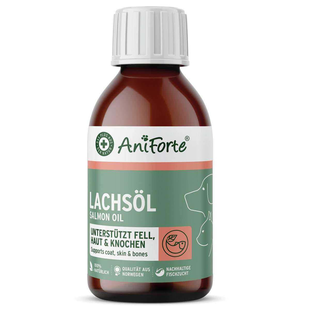 Lachsöl für Hunde, Katzen und Pferde in 100 ml Flasche, unterstützt Haut, Fell und Knochen, hochwertige Omega-3-Fettsäuren.