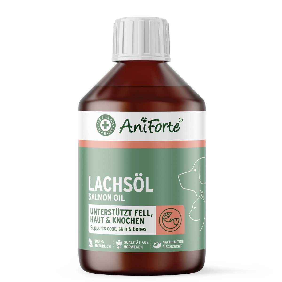 Flasche Lachsöl von AniForte für Hunde, Katzen und Pferde in brauner Flasche, unterstützt Fell, Haut und Knochen, 100% natürlich, Qualität aus Norwegen.