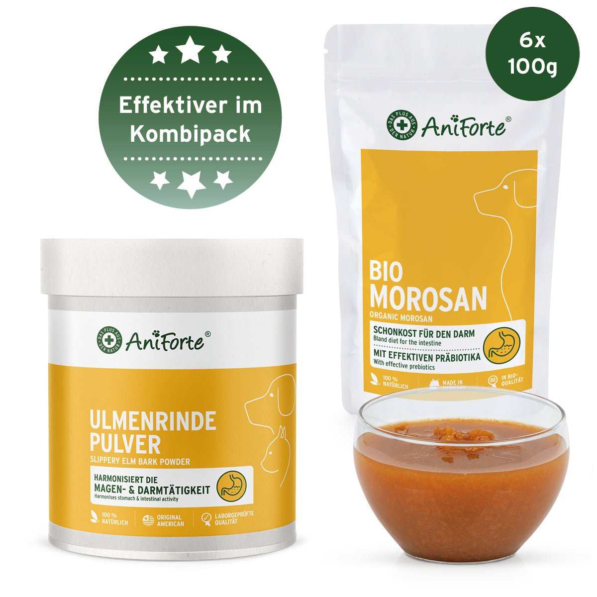 AniForte® Magen Darm Paket S with Ulmenrinde Pulver and Bio Morosan for dog digestive health.