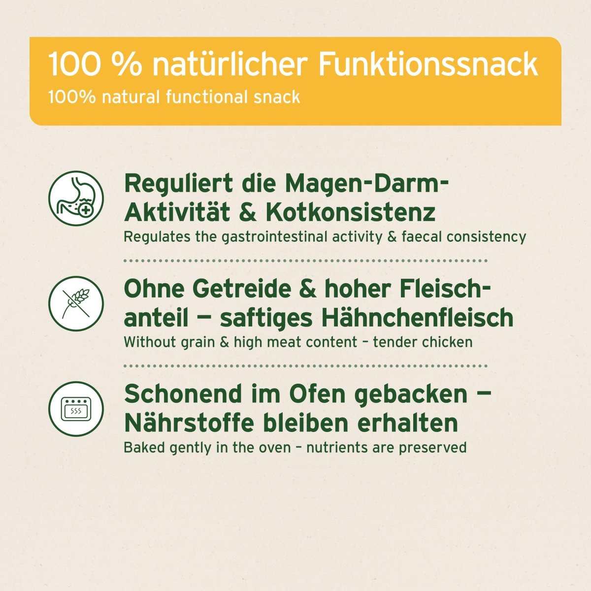 100 % natürlicher Funktionssnack für Hunde, reguliert Magen-Darm-Aktivität, getreidefrei, hoher Fleischanteil.