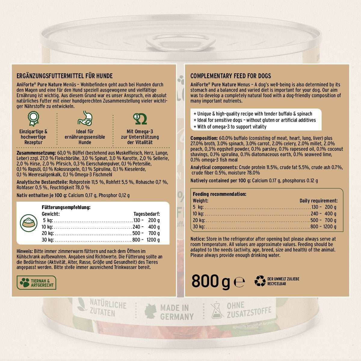 Etikett Nassfutter für Hunde, AniForte® Pure Nature "Büffel mit Spinat", glutenfrei, 800g Dose.