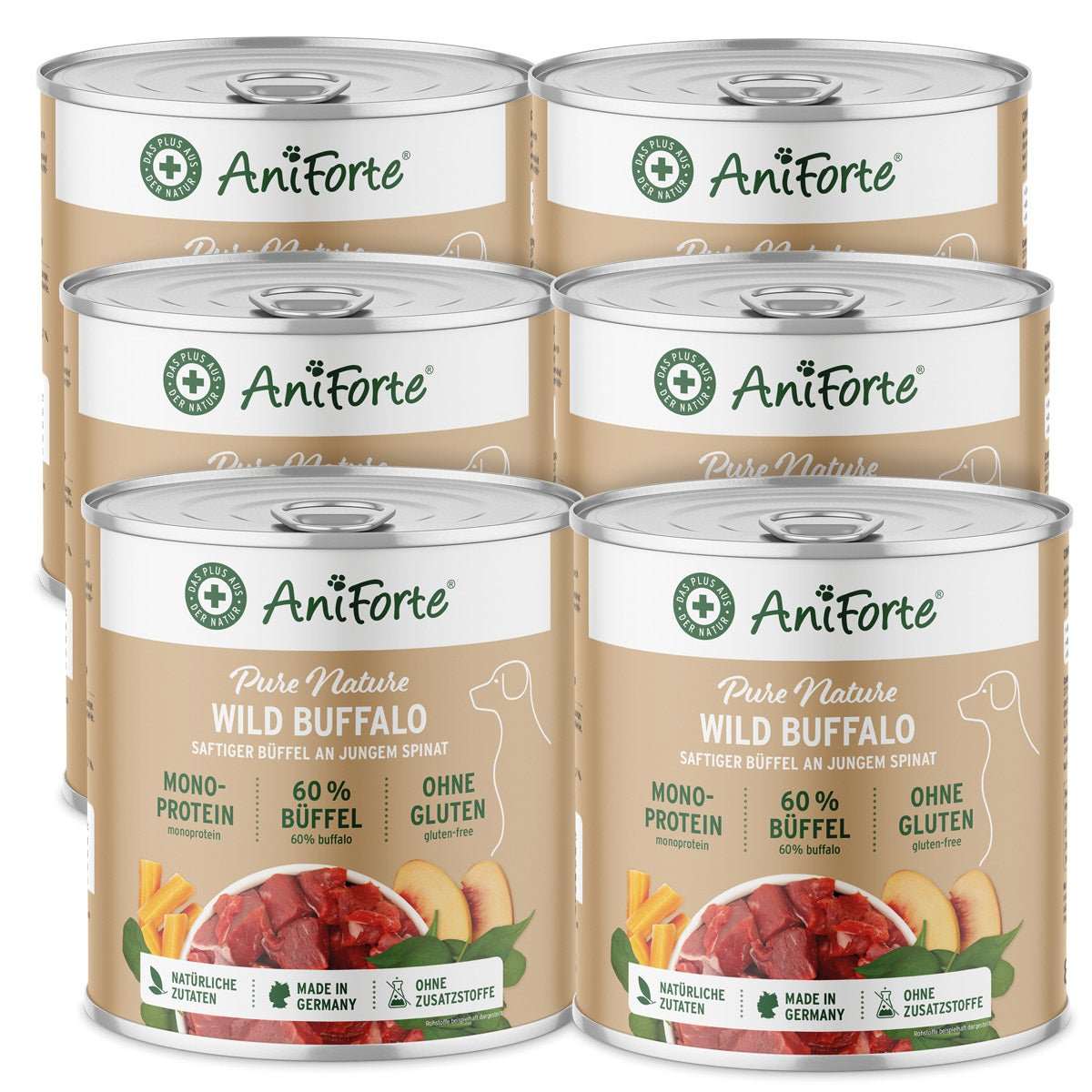 6 Dosen Nassfutter für Hunde, Büffelfleisch mit Spinat, AniForte Pure Nature, glutenfrei, reich an Omega-3 und Vitaminen, hochwertige Rezeptur.