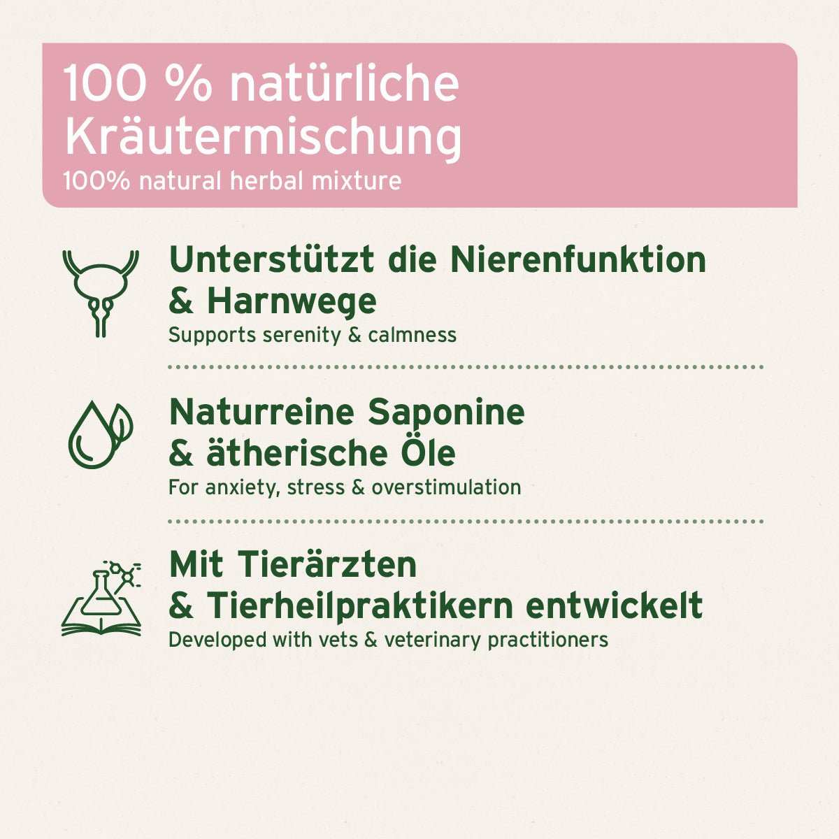 Piktogramme zur Veranschaulichung der Unterstützung der Nierenfunktion und Harnwege bei Hunden, entwickelt mit Tierärzten und Tierheilpraktikern.