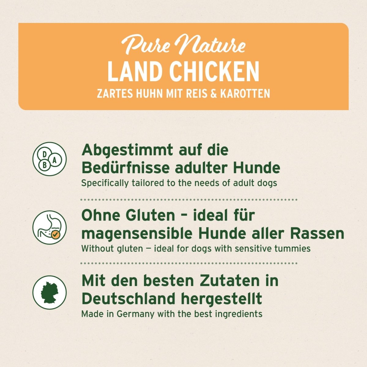 Trockenfutter Huhn mit Reis und Karotten, glutenfrei, hochwertige Zutaten, für sensible Hunde, hergestellt in Deutschland