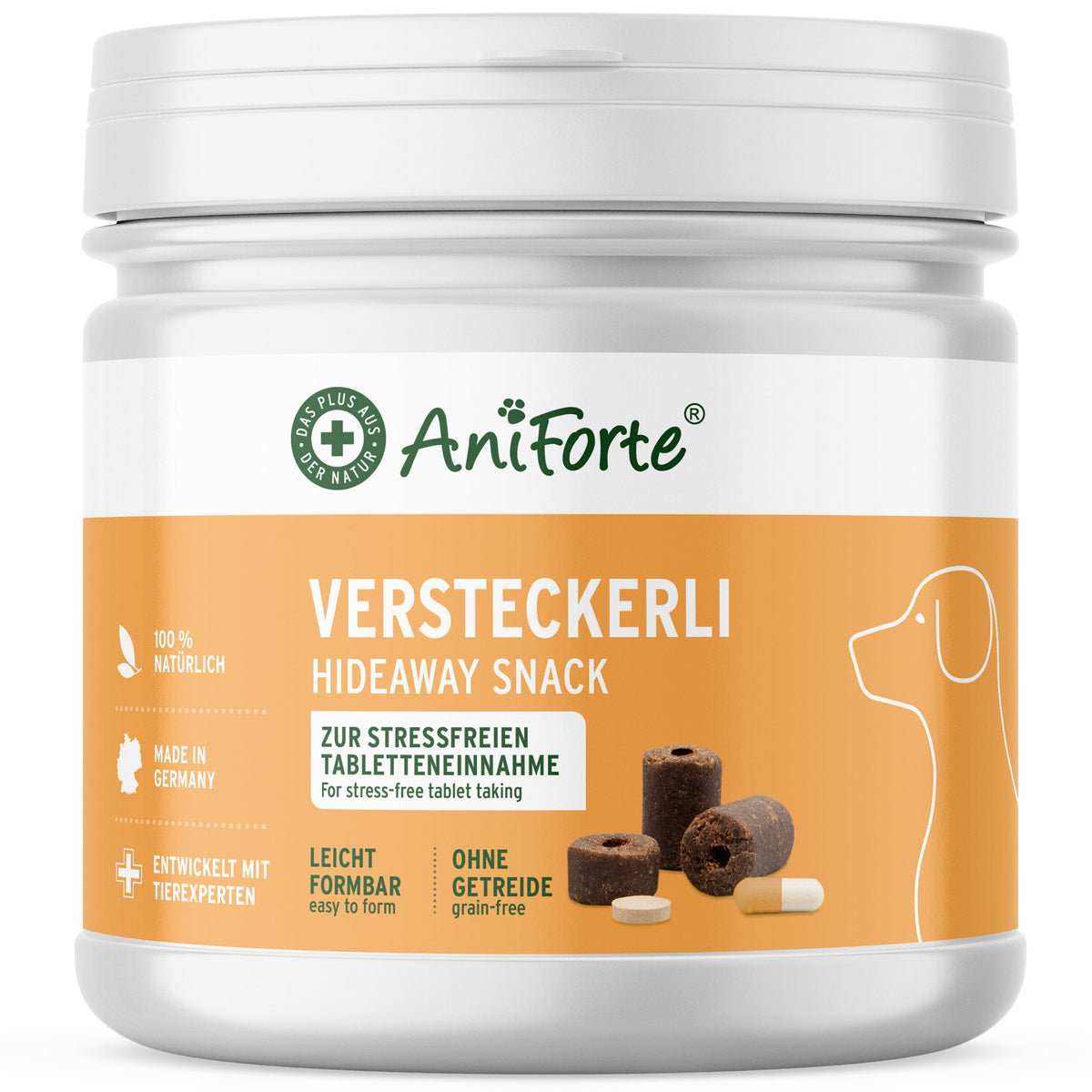 AniForte Versteckerli hideaway snack for stress-free tablet taking, grain-free, in a white container.