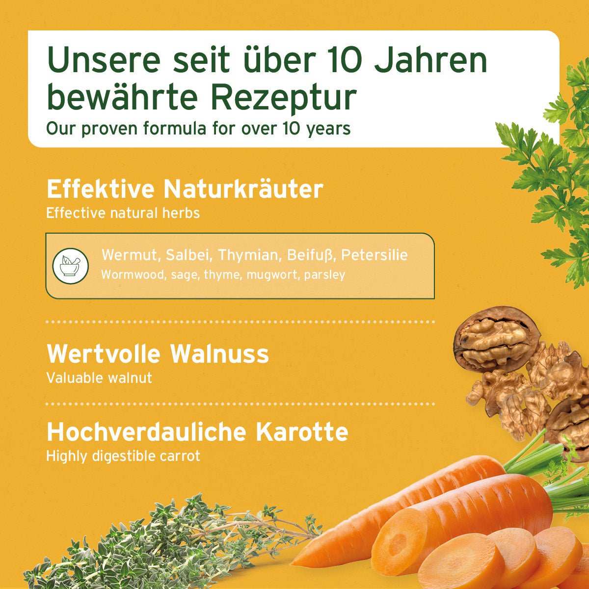 Informationsgrafik des Artikels WermiX Pulver für Hunde mit natürlichen Kräutern wie Thymian, Beifuß, Wermut und Salbei zur Unterstützung nach Wurmbefall.