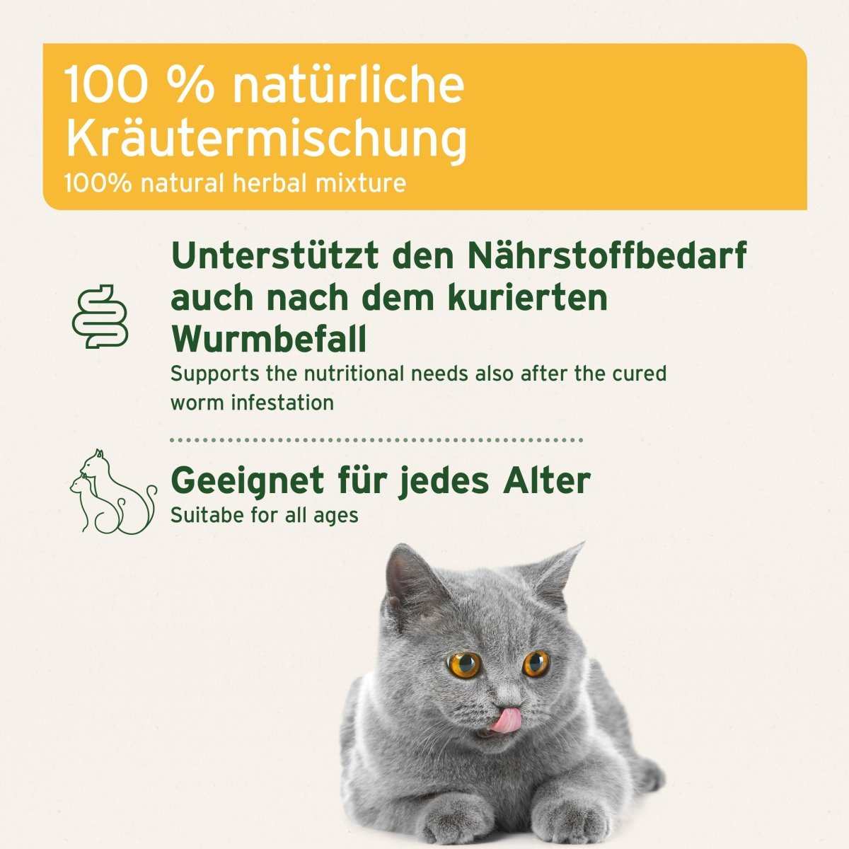 100 % natürliche Kräutermischung für Katzen, unterstützt Nährstoffbedarf nach Wurmbefall, geeignet für jedes Alter.