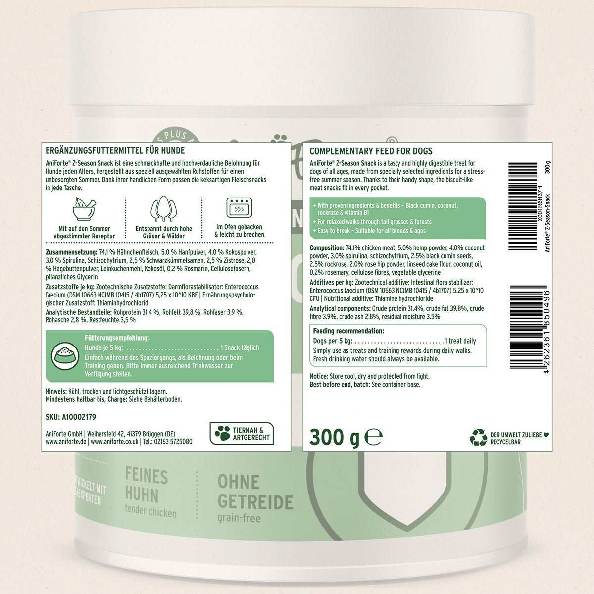 AniForte® Z-Season Snack für Hunde, Monoprotein mit Hühnerfleisch, getreidefrei, für Welpen und Senioren geeignet, 300g.