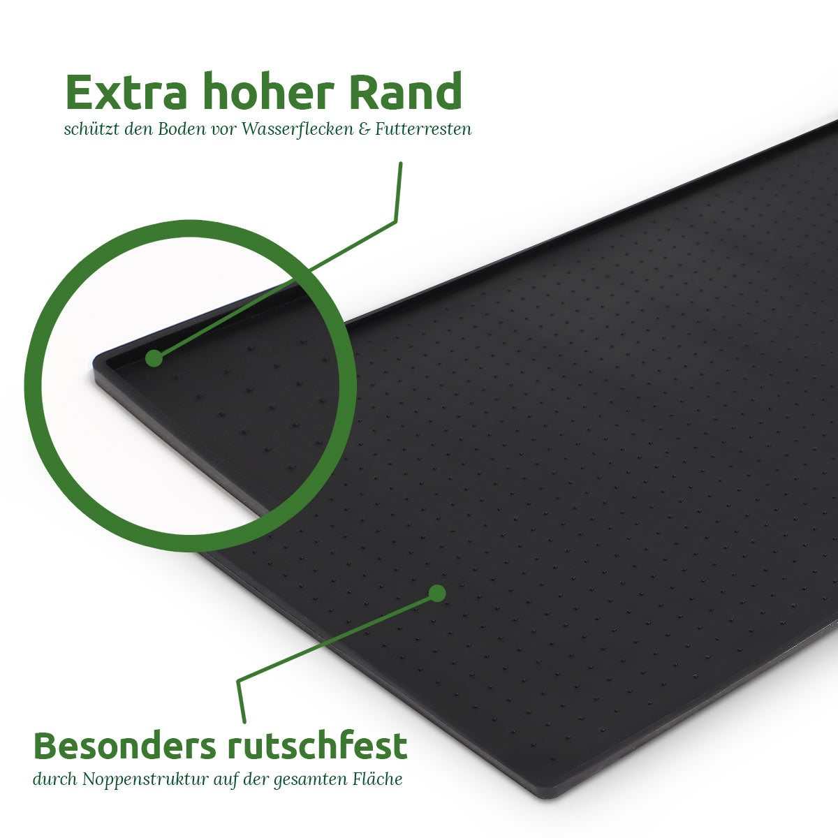 Napfunterlage aus lebensmittelechtem Silikon mit rutschfester Noppenstruktur und hohem Rand für Auslaufschutz.