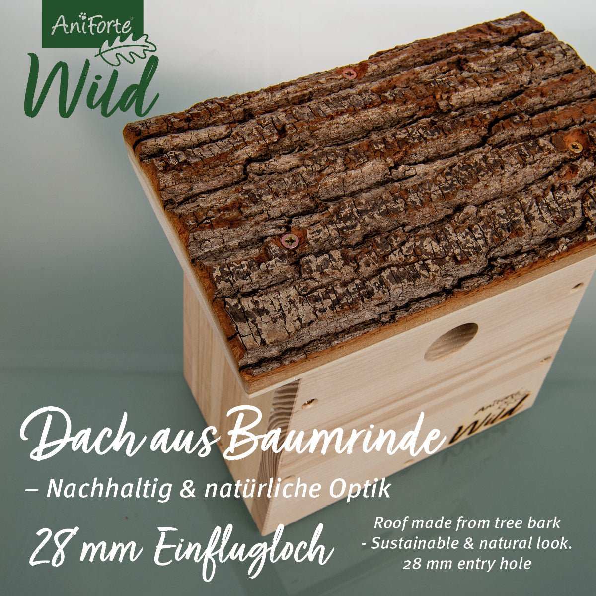Nistkasten für Blaumeisen aus unbehandeltem Holz mit 28 mm Einflugloch und Rindendach, nachhaltig und wetterfest.