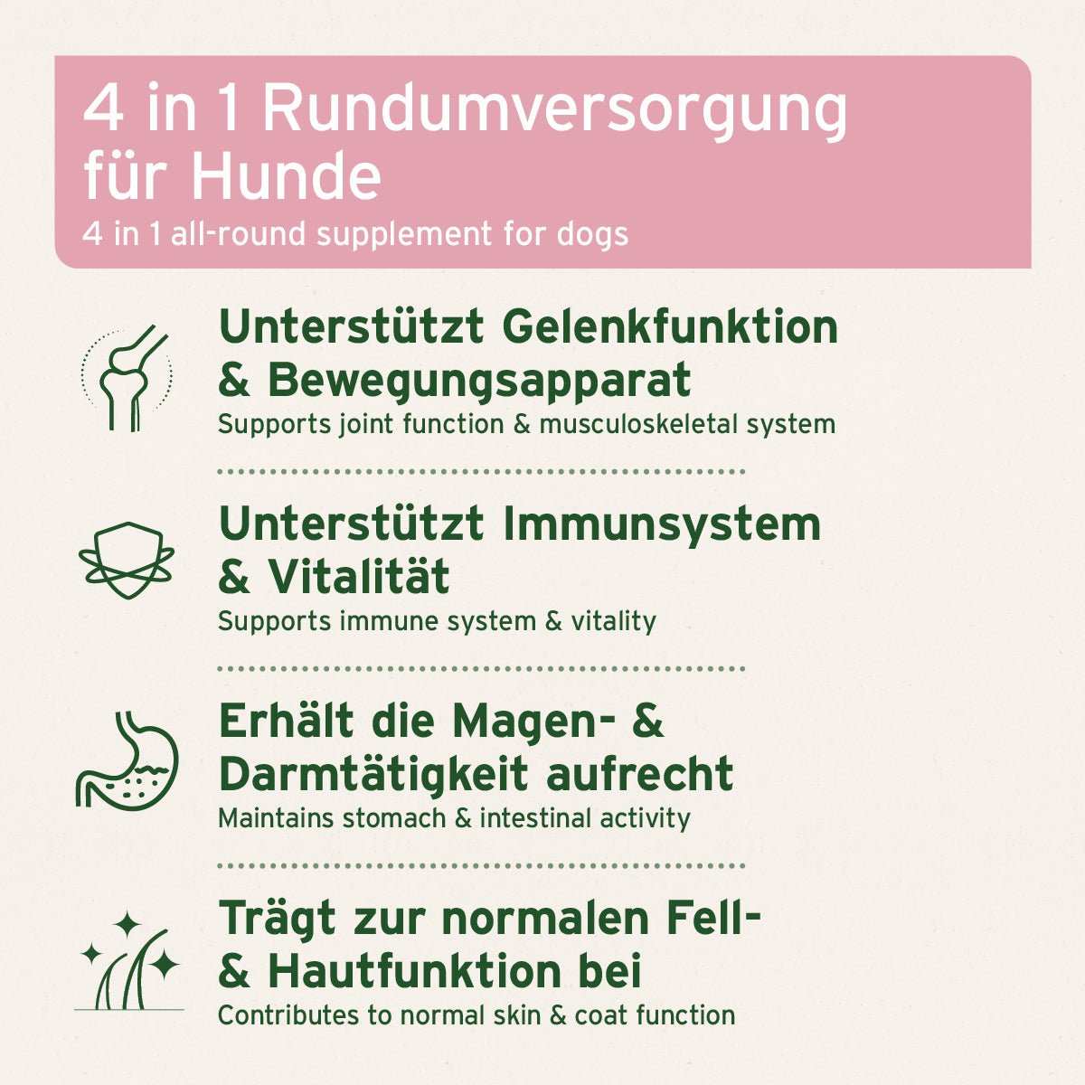 Informationen zum 4in1 Rundumversorgung für Hunde, unterstützt Gelenkfunktion, Immunsystem und Magen-Darm-Tätigkeit.