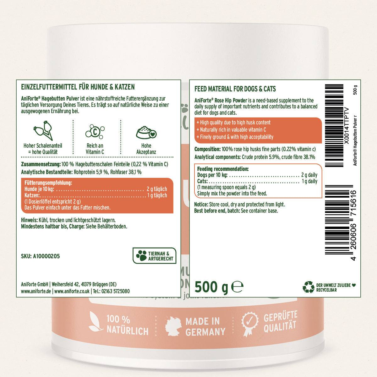 Etikett von Hagebuttenpulver für Hunde und Katzen, Vitamin C, Immunsystem- und Gelenkunterstützung, 500 g, AniForte.