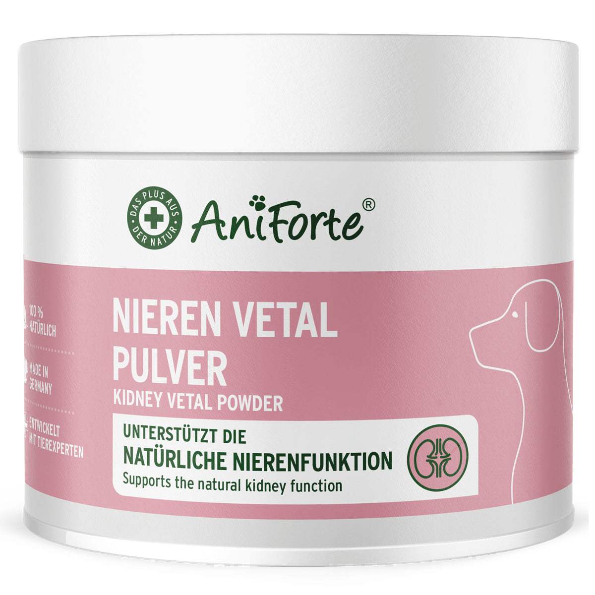 AniForte® NierenVetal Pulver for dogs, natural kidney support supplement, herbal blend, high acceptance.
