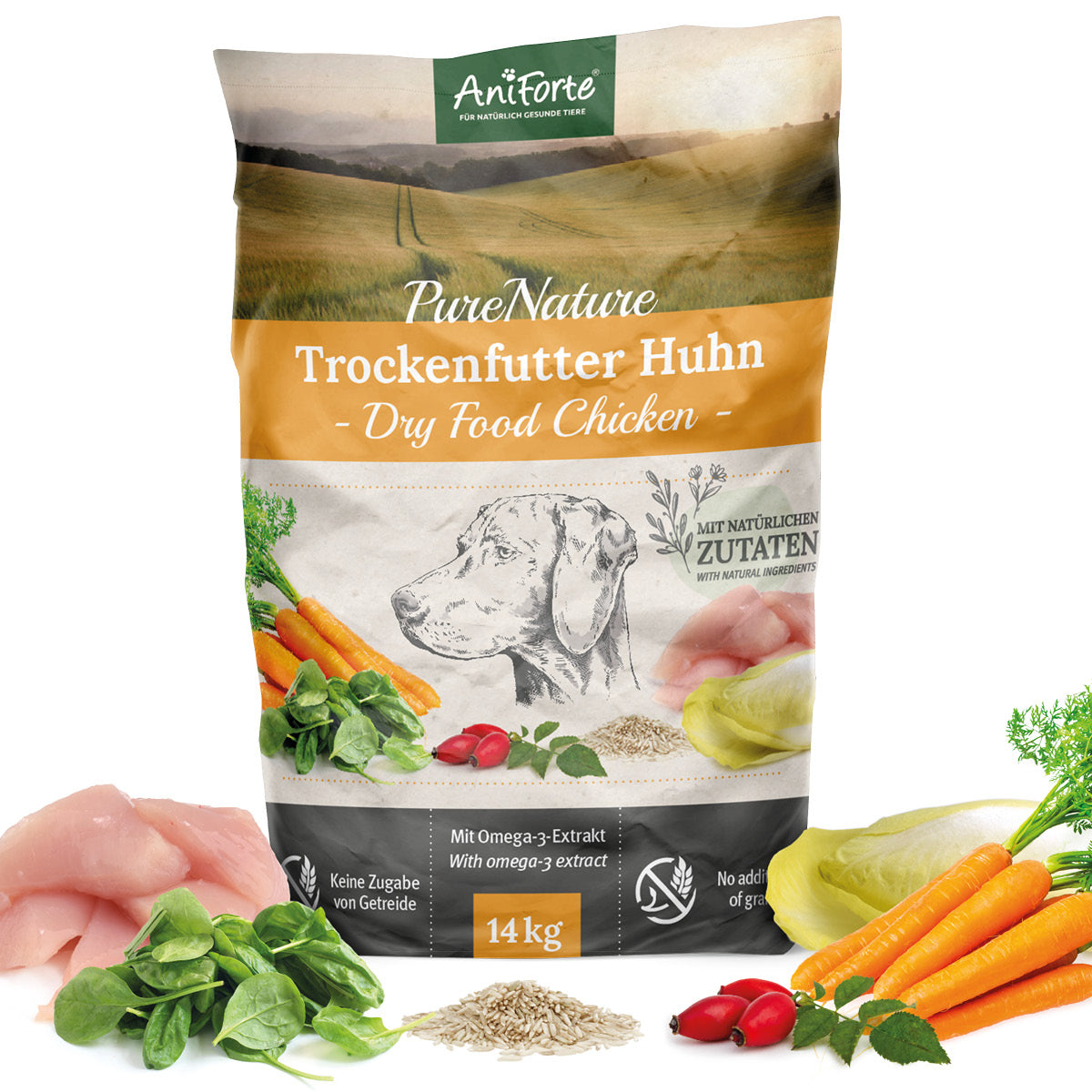Trockenfutter Huhn mit Reis, Karotten und natürlichen Zutaten für sensible Hunde, glutenfrei und ohne Zusatzstoffe