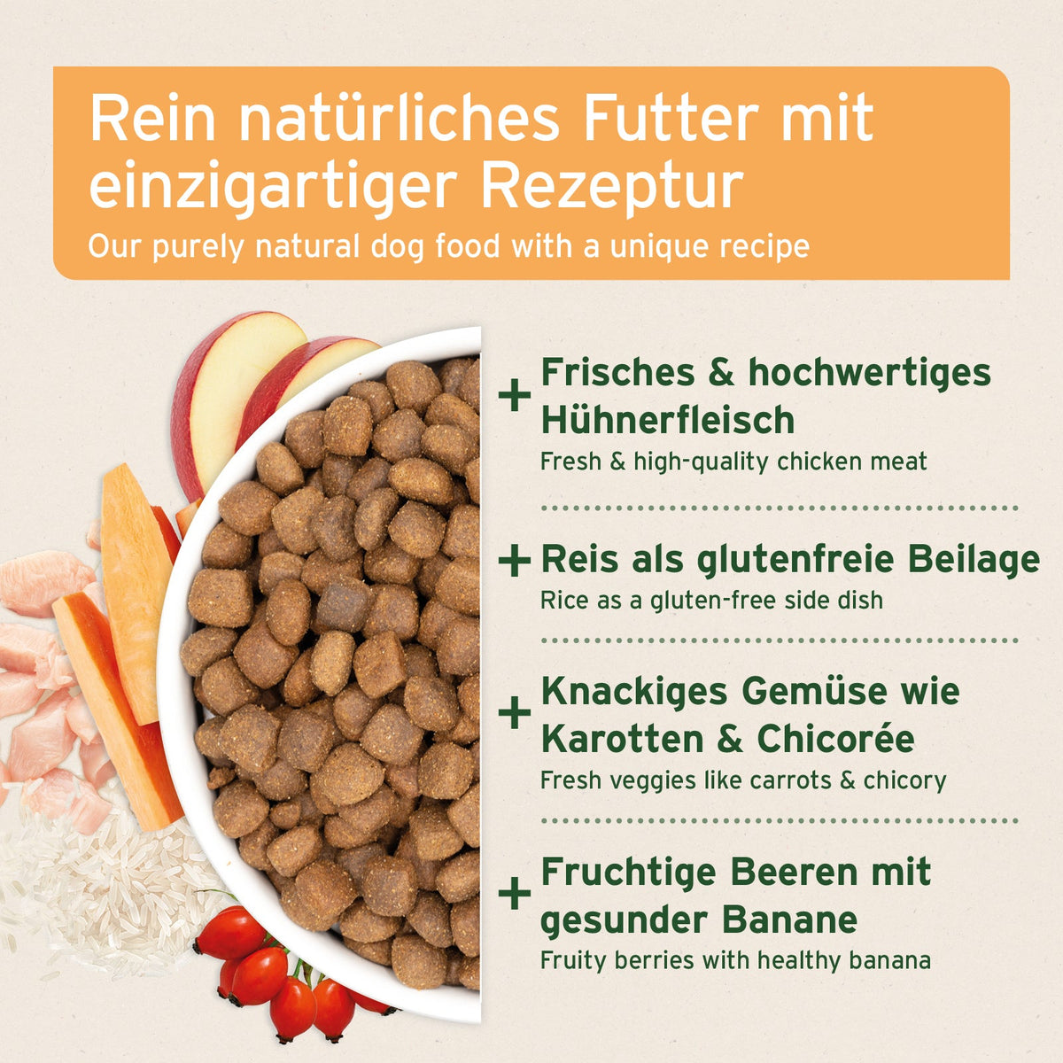 Trockenfutter Huhn mit hochwertigem Hühnerfleisch, glutenfreiem Reis, Karotten, Chicorée und fruchtigen Beeren für empfindliche Hunde