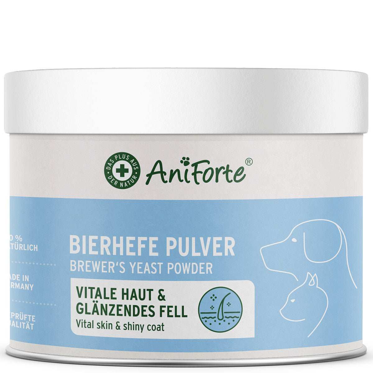 Bierhefe Pulver für Katzen und Hunde von AniForte zur Unterstützung von vitalem Fell und gesunder Haut.