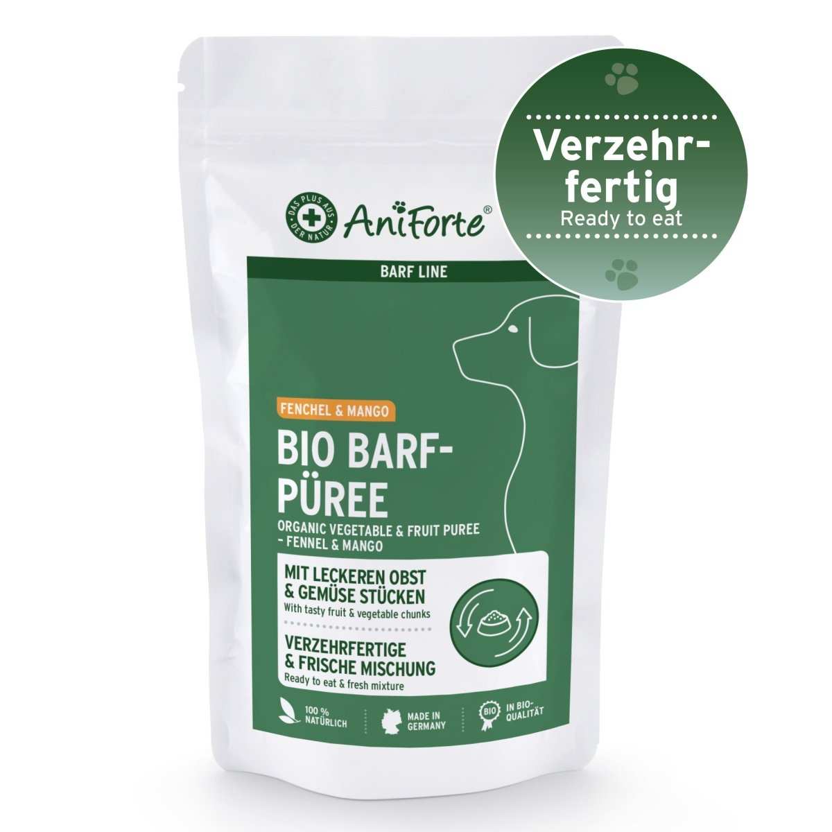 Organic BARF puree for dogs with fennel and mango, natural vitamins, by AniForte.