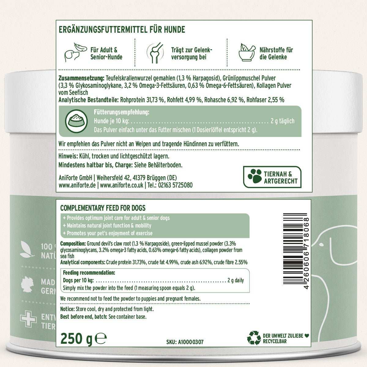 Ergänzungsfuttermittel für Hunde: AniForte GelenkVETAL 3 Dose 250g.