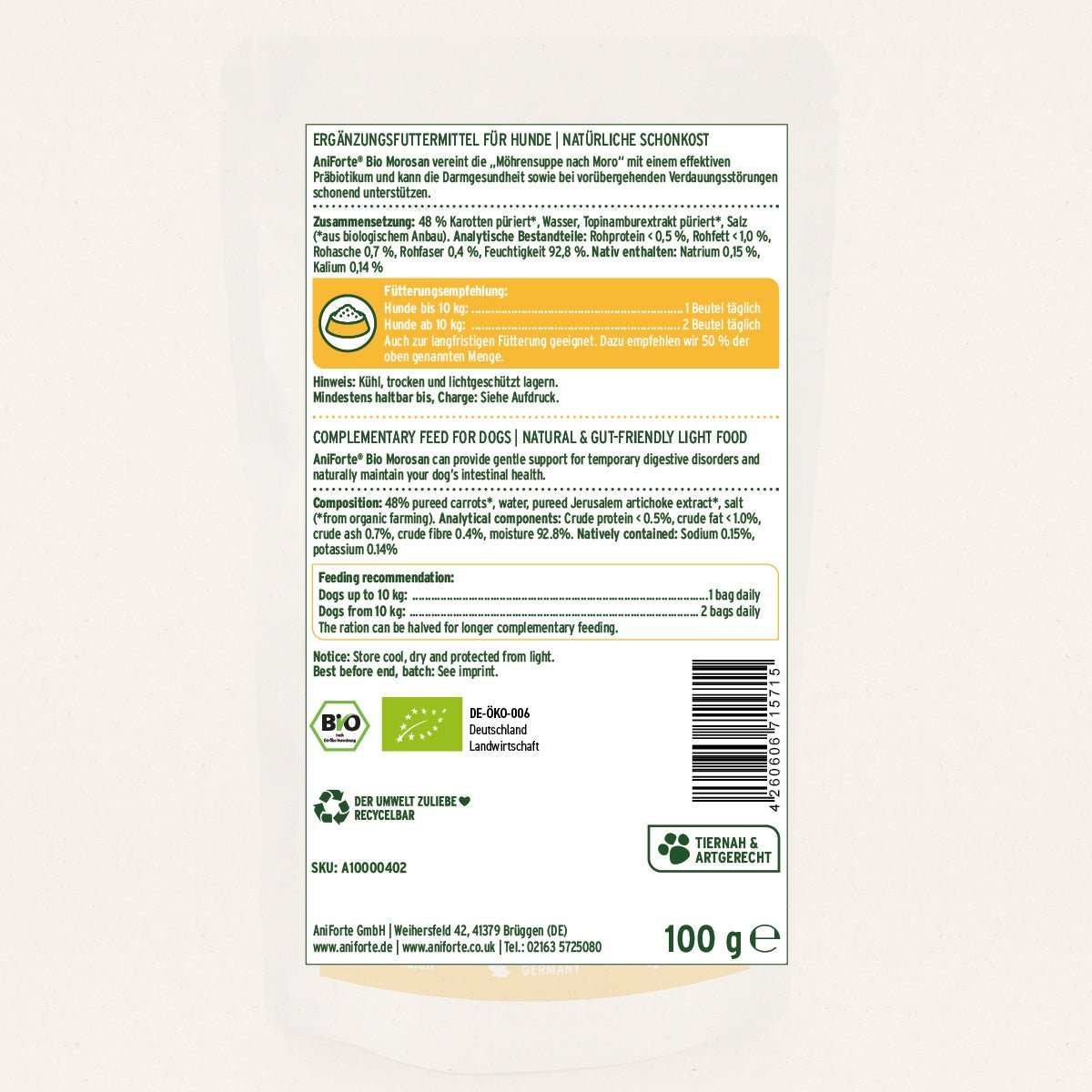 AniForte® Magen Darm Paket S für Hunde, natürliche Unterstützung für Magen-Darm, Ulmenrinde Pulver und Bio Morosan, 100 g.
