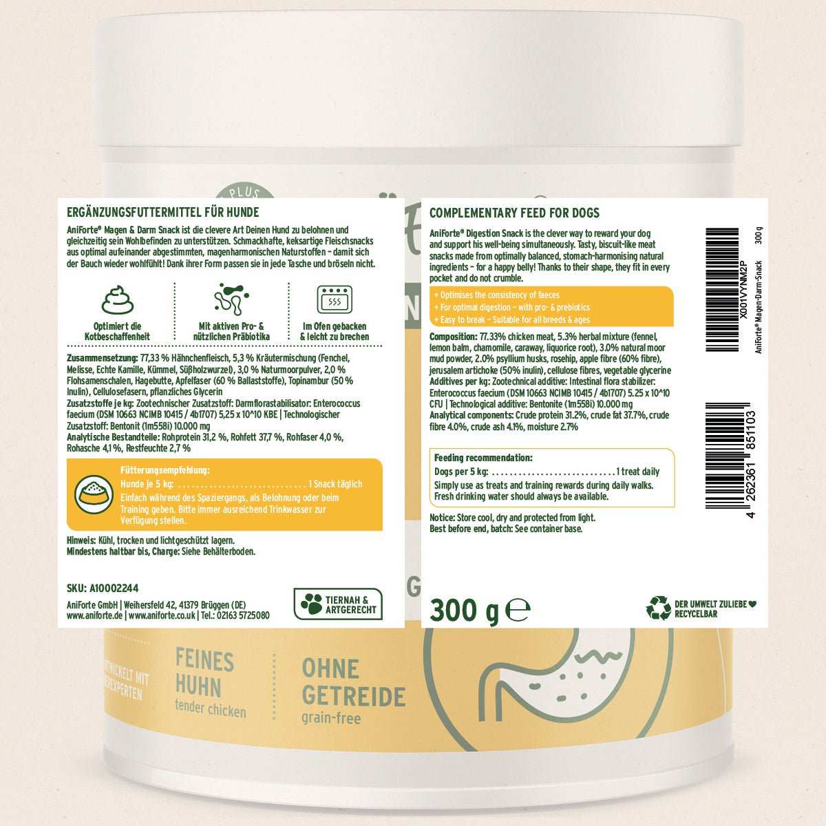 AniForte® Magen & Darm Snack für Hunde in gelber Verpackung, 300g, getreidefrei, fördert die Verdauung.
