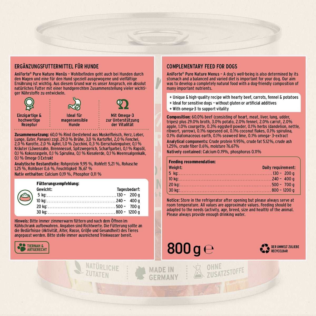 Etikett Nassfutter AniForte CountryBeef "Rind mit Karotte", getreidefrei, 800g Dose.