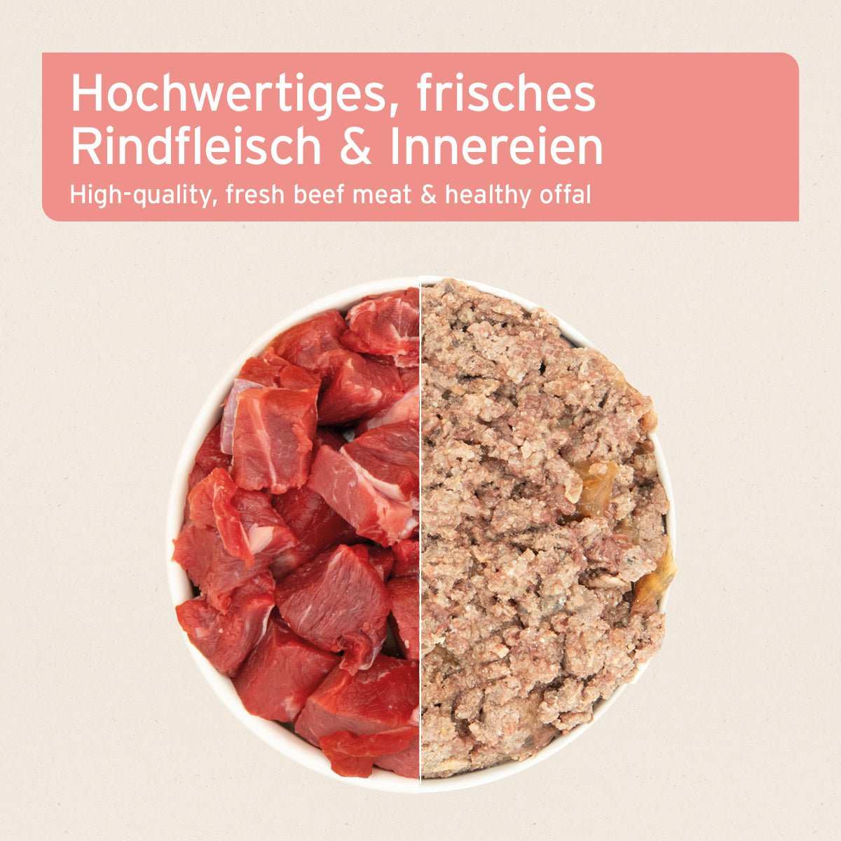 Schale Hochwertiges Nassfutter Rind Pur für Hunde, getreidefrei und glutenfrei, Super-Premium-Qualität, frisches Rindfleisch.