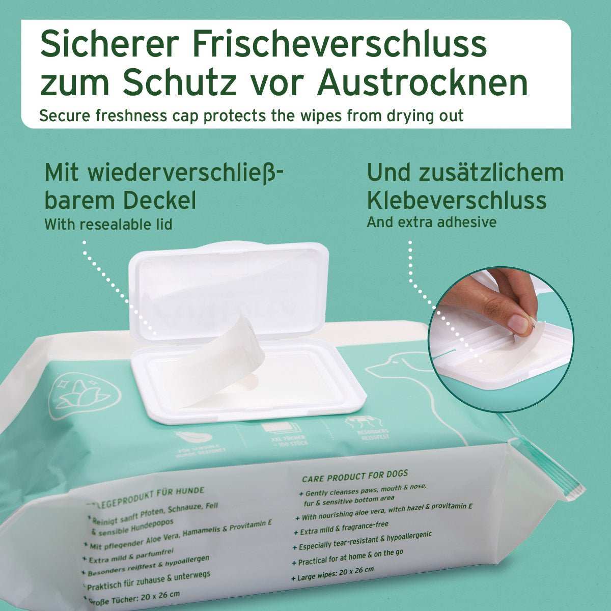 Pflegetücher mit Frischeschutz und wiederverschließbarem Deckel für Hunde.
