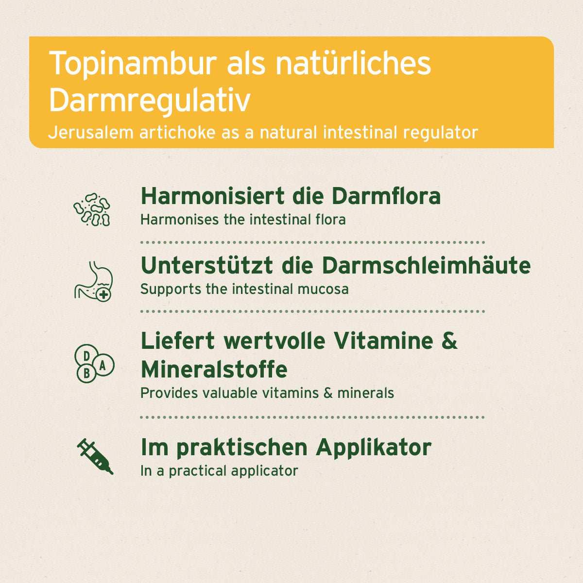 Informationsgrafik Prebiotic TopinPur VET für Hunde und Katzen, Topinambur-Darmregulativ, unterstützt Verdauung und Darmflora.