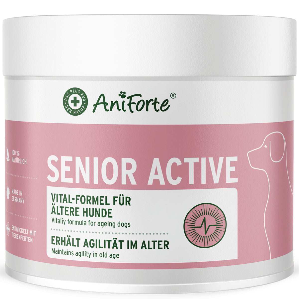 Ergänzungsfuttermittel AniForte Senior Active für ältere Hunde, unterstützt Agilität und Immunsystem, enthält Grünlippmuschel und Ginkgoblätter.
