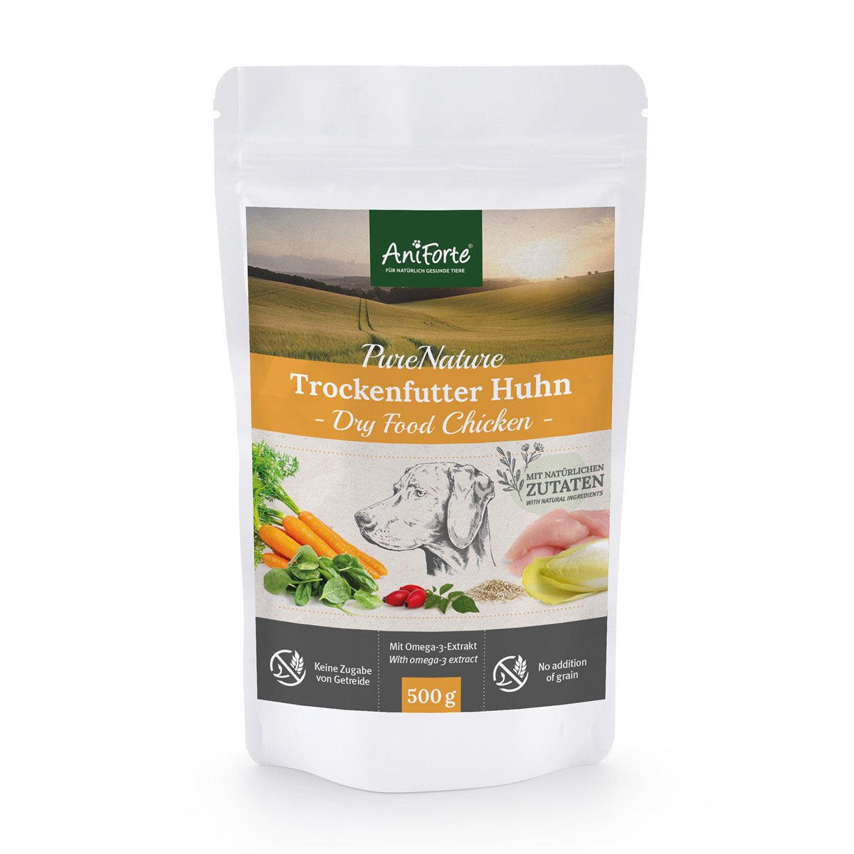 AniForte PureNature Trockenfutter Huhn mit Reis und Gemüse, glutenfrei, für sensible Hunde, 500g Verpackung