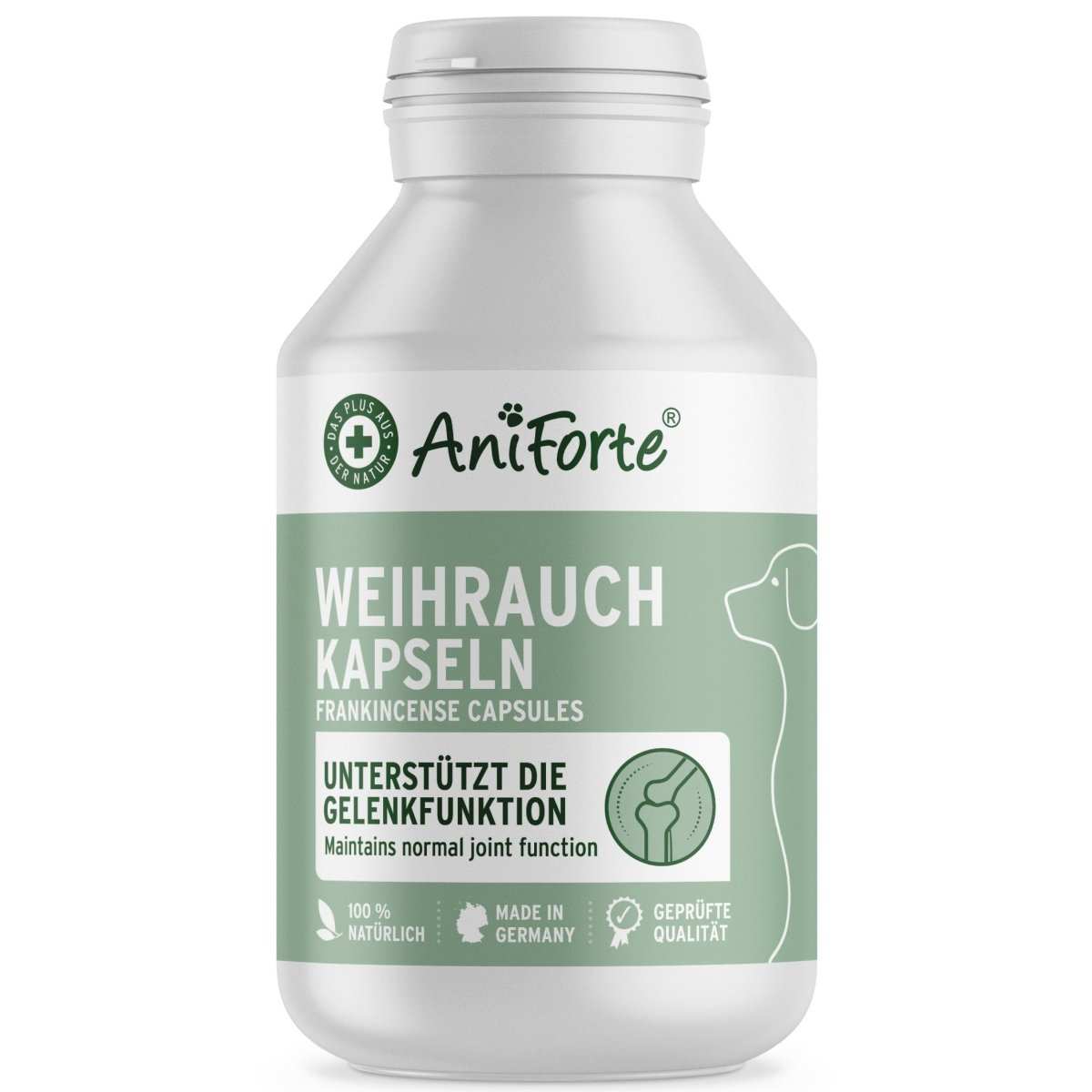 Weihrauch Kapseln für Hunde zur Unterstützung der Gelenkfunktion, enthält indischen Weihrauch, fördert Agilität und Wohlbefinden.