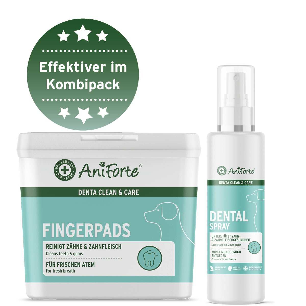 Zahnpflege Set für Hunde mit Denta Clean & Care Fingerpads und Dentalspray.