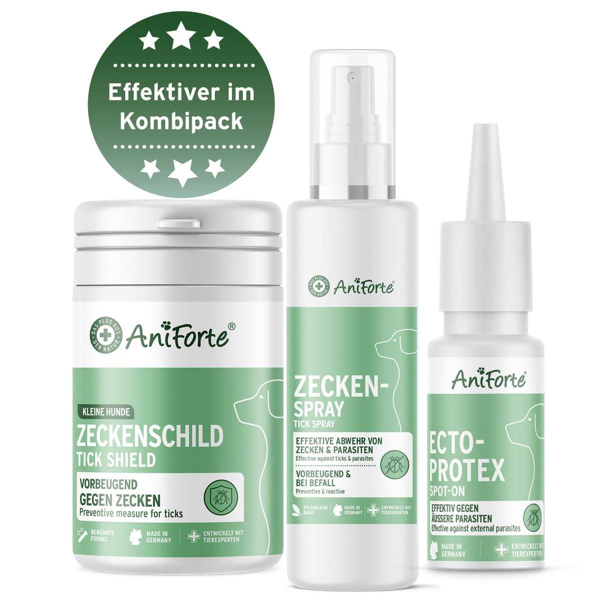 Natürliches Zecken-Schutz L Set für Hunde von AniForte, bestehend aus Spot On, Zeckenschild Kapseln und Zeckenspray zur effektiven Vorbeugung gegen Zecken.